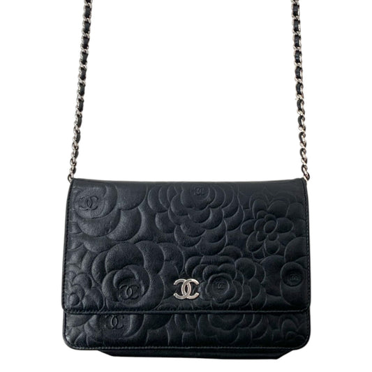 Chanel Camellia Embossed Lambskin Leather Wallet on Chain