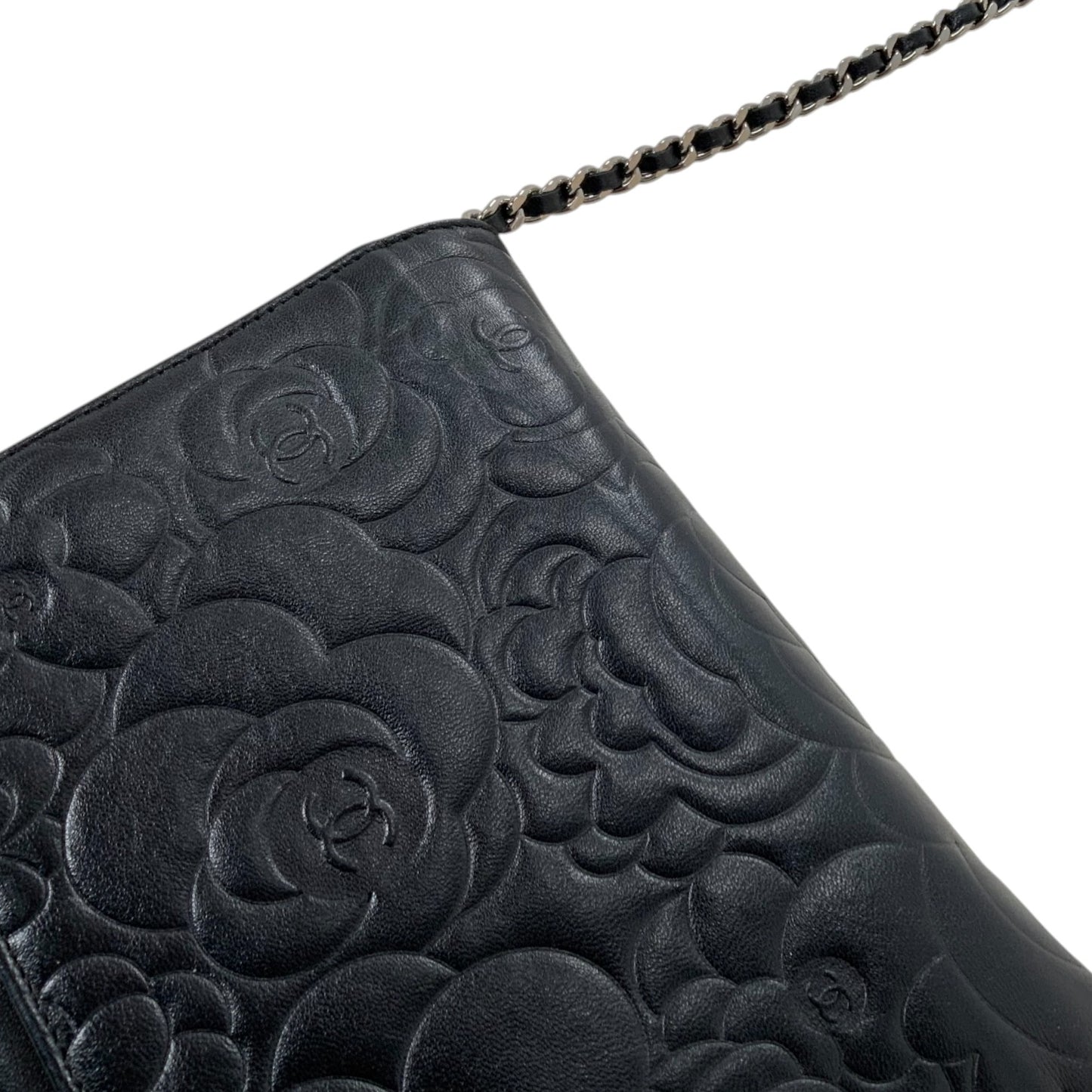 Chanel Camellia Embossed Lambskin Leather Wallet on Chain