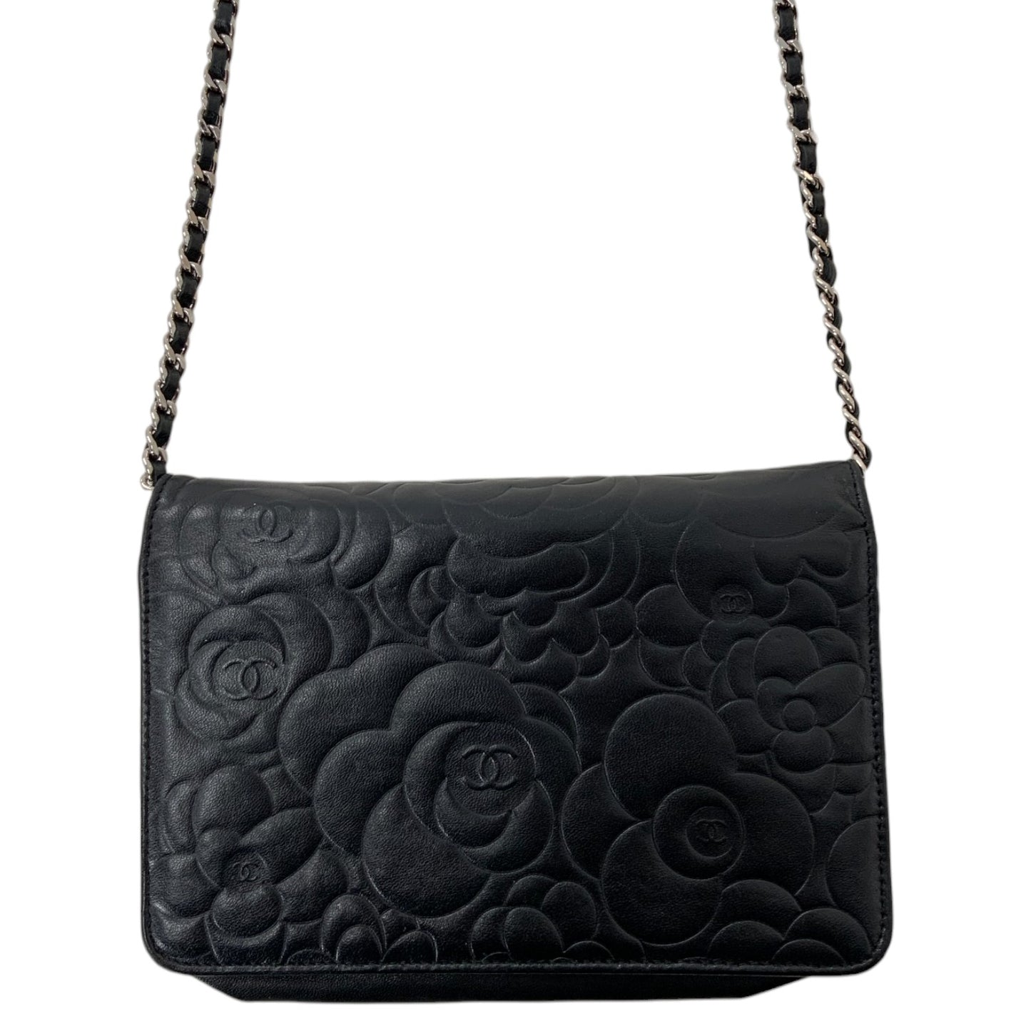 Chanel Camellia Embossed Lambskin Leather Wallet on Chain