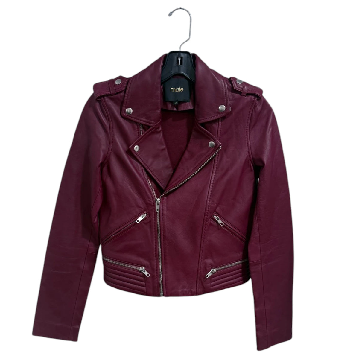 Maje Burgundy Lamb Leather Biker Jacket