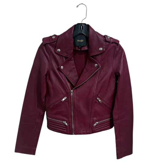 Maje Burgundy Lamb Leather Biker Jacket