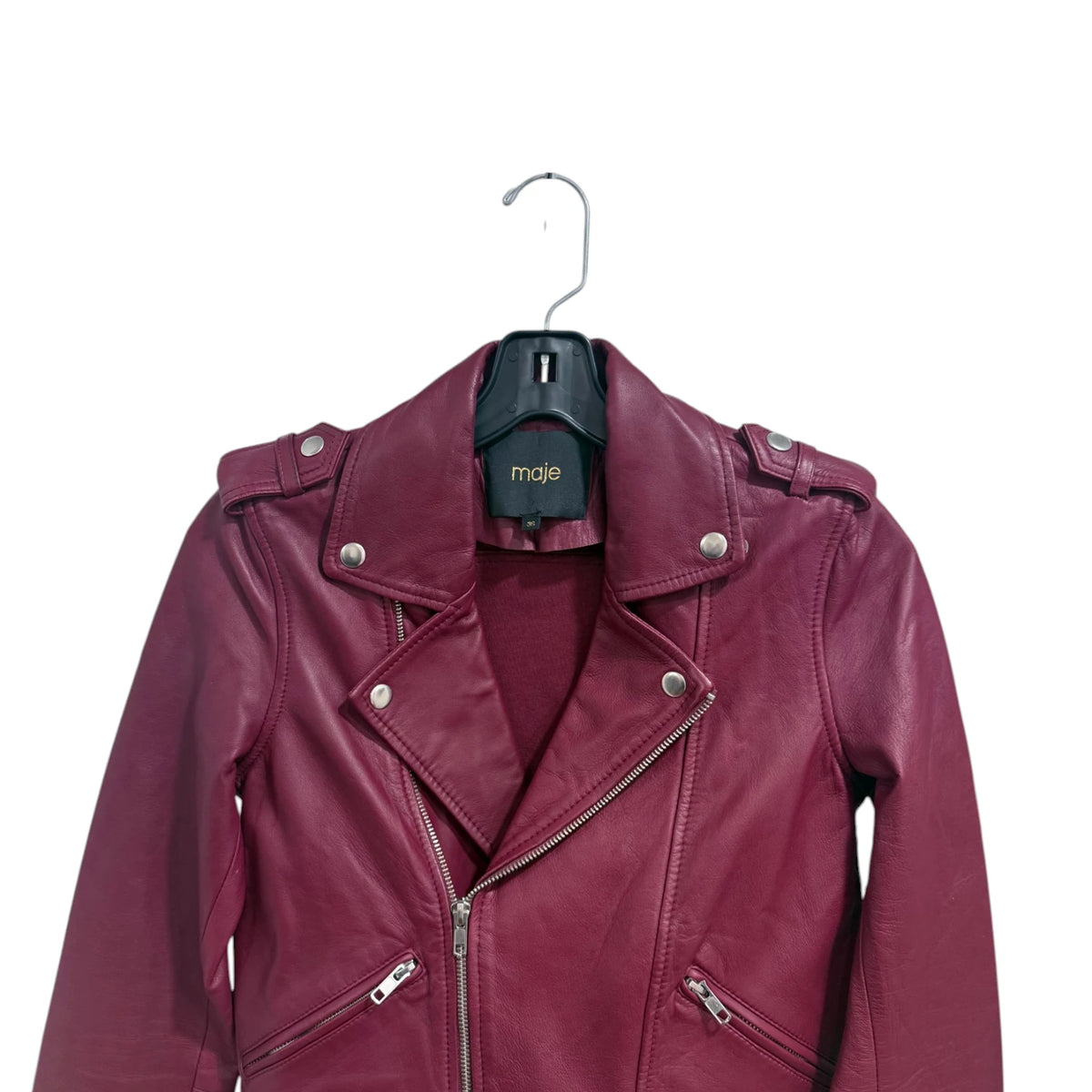 Maje Burgundy Lamb Leather Biker Jacket