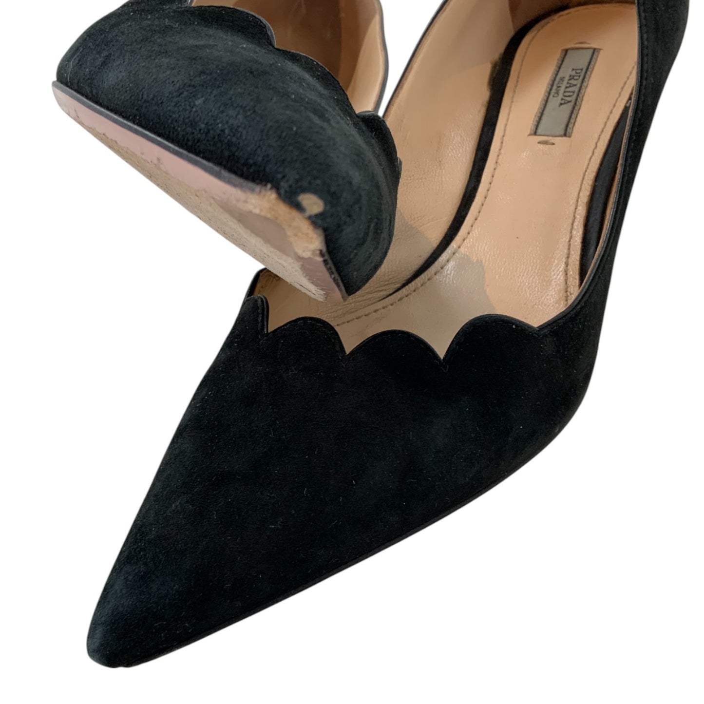 Prada Black Suede Scalloped Pointed-Toe Pumps