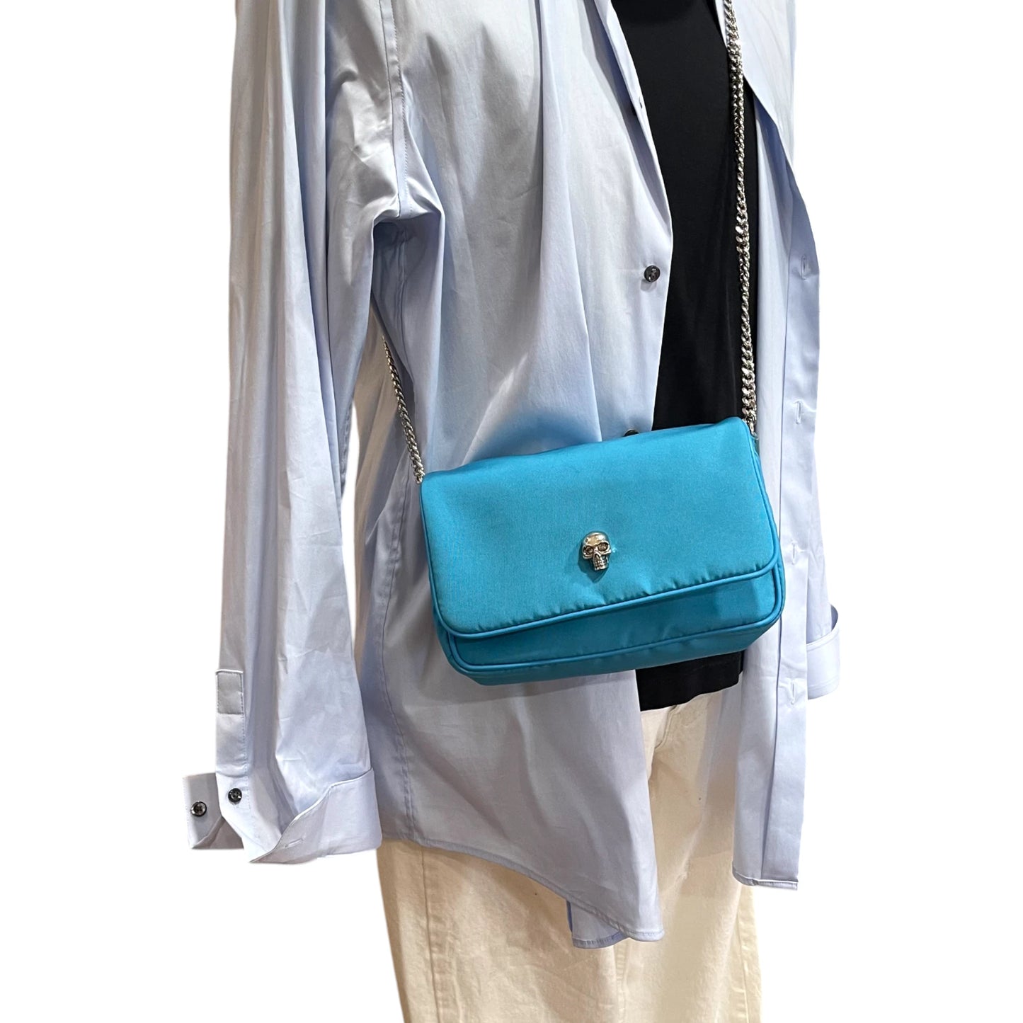 McQueen Skull Blue Nylon Crossbody Bag