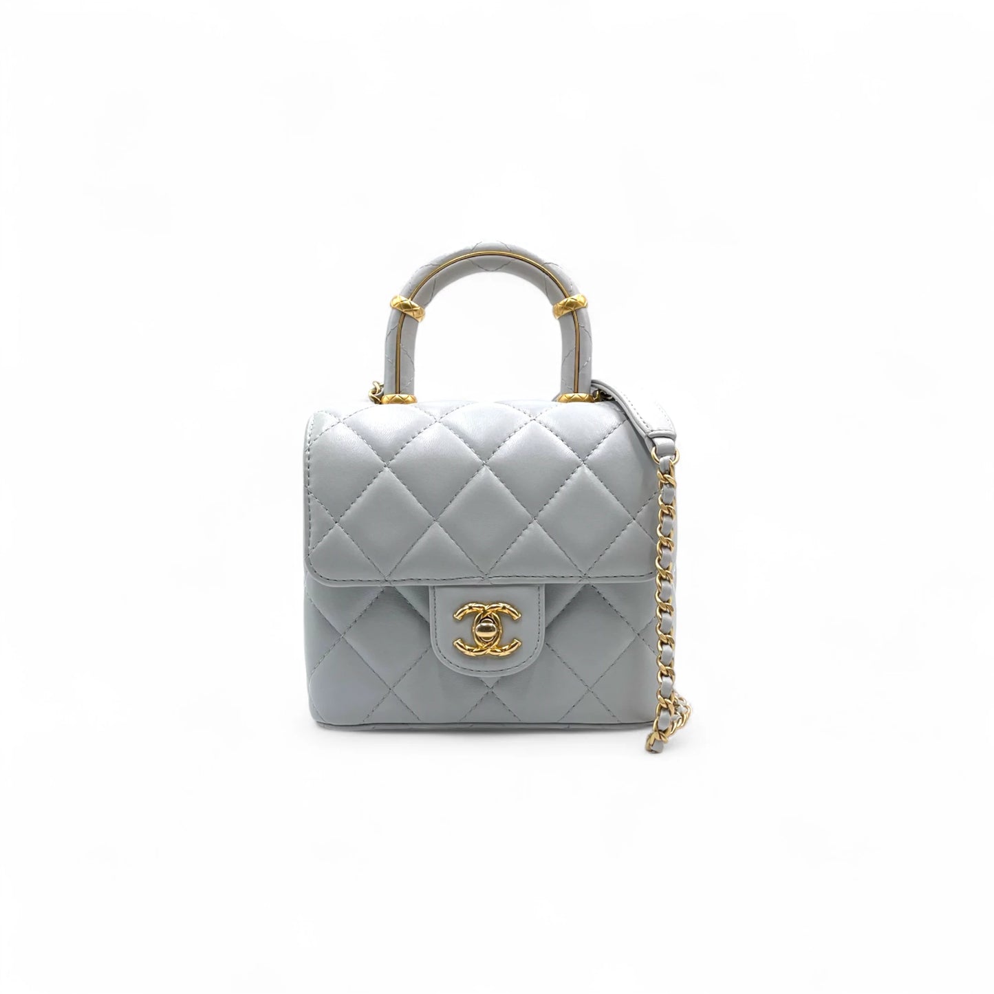 Chanel Quilted Top Handle Mini Grey Flap Bag
