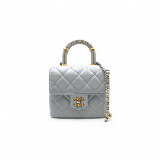 Chanel Quilted Top Handle Mini Grey Flap Bag