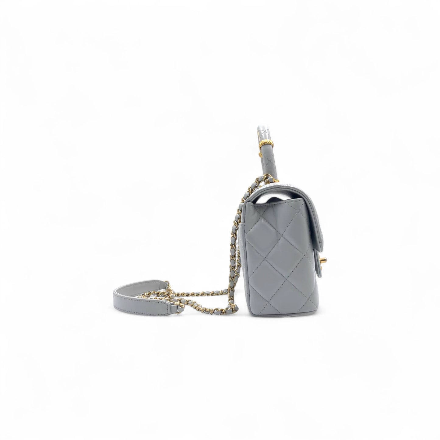 Chanel Quilted Top Handle Mini Grey Flap Bag