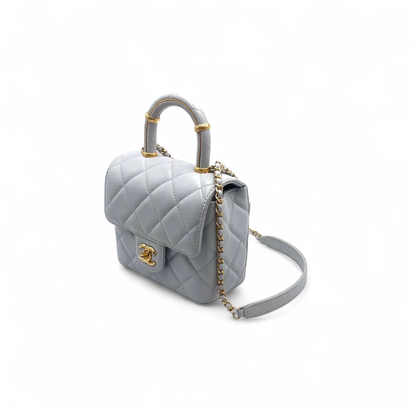 Chanel Quilted Top Handle Mini Grey Flap Bag