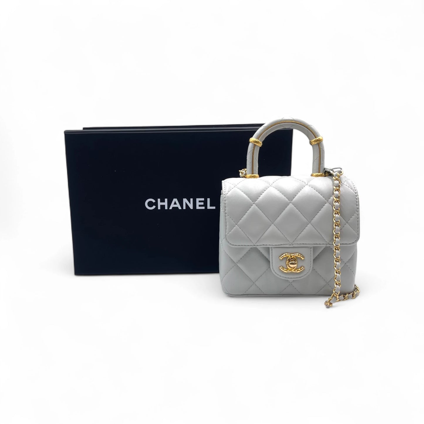 Chanel Quilted Top Handle Mini Grey Flap Bag