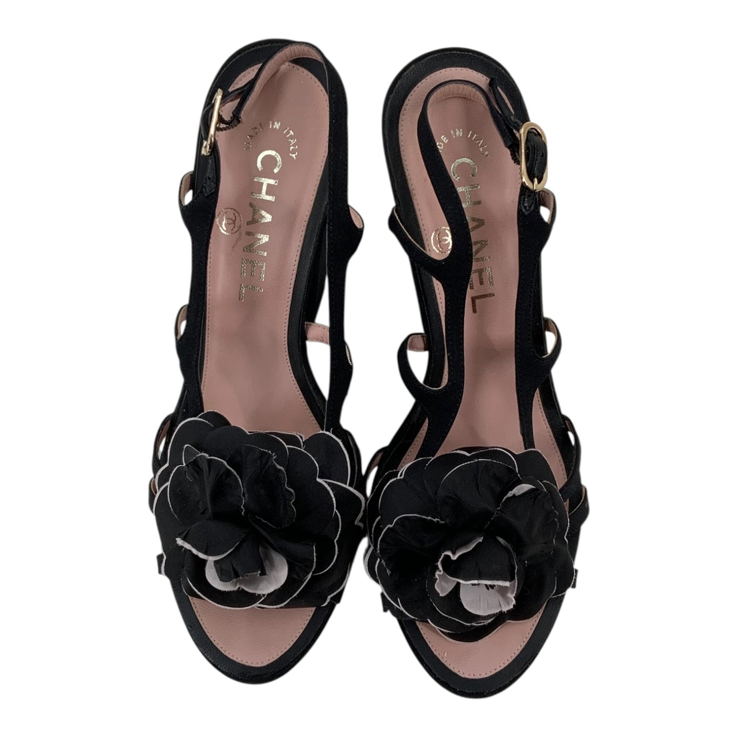 Chanel Satin Camellia Block Heel Sandals