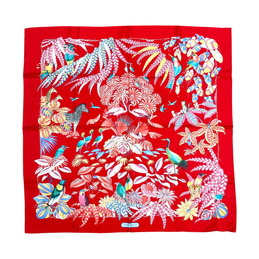 Ferragamo Red Silk Tropical Bird & Scarf