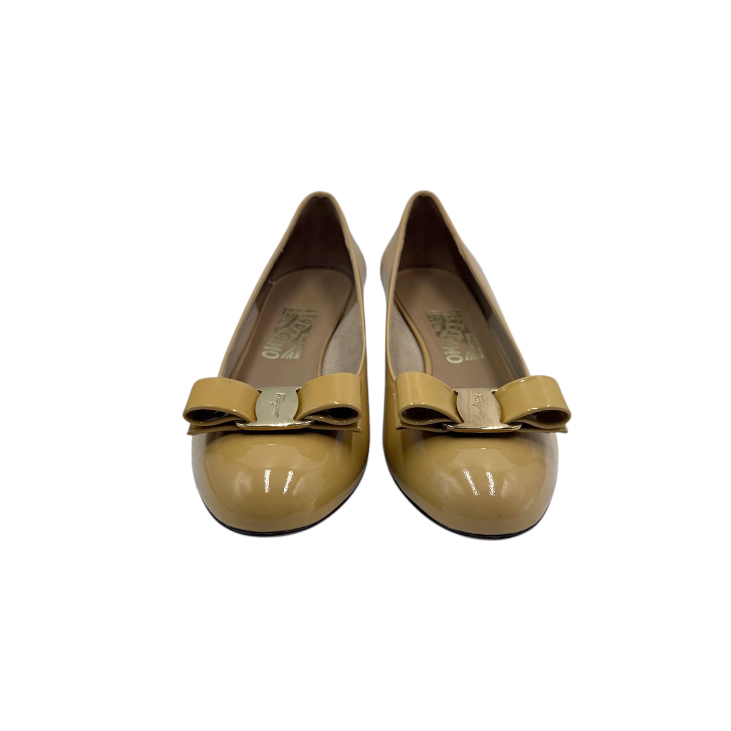 Ferragamo Mustard Bow Kitten Heels