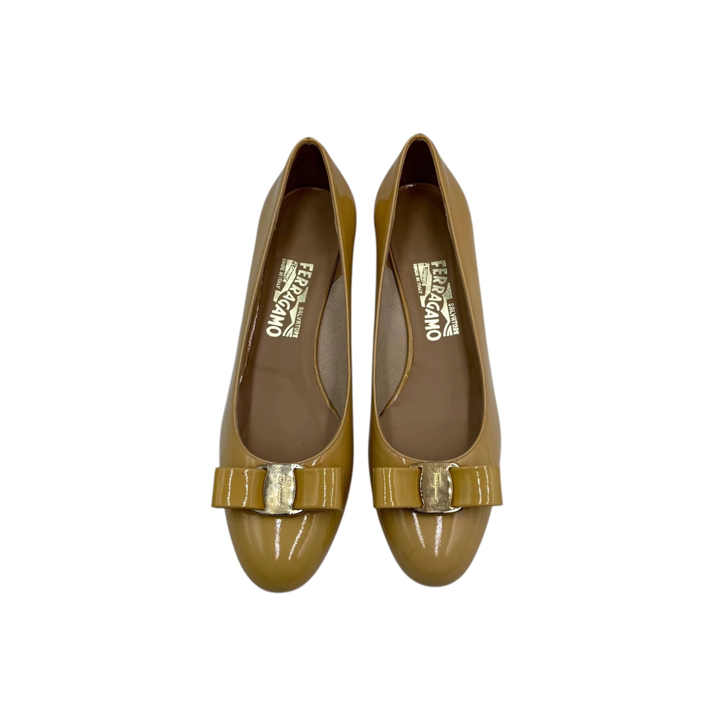 Ferragamo Mustard Bow Kitten Heels