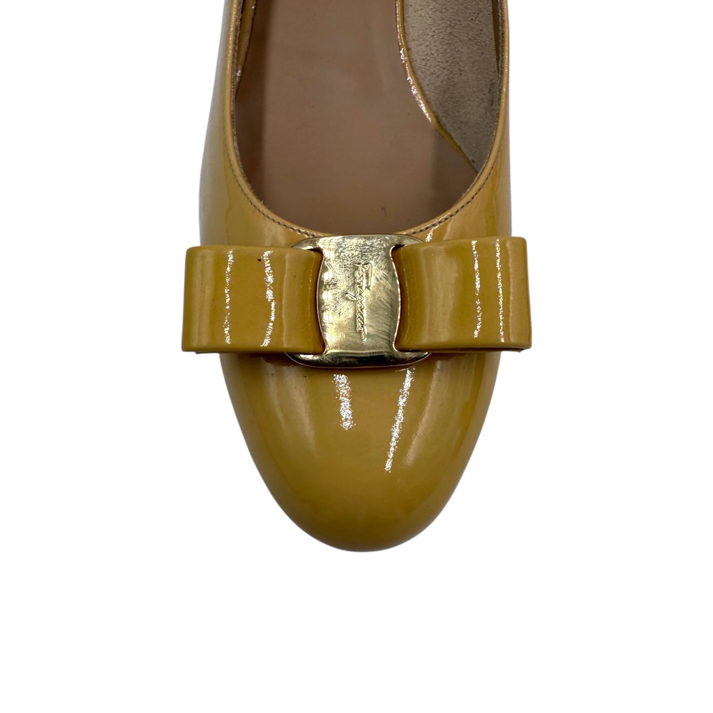 Ferragamo Mustard Bow Kitten Heels