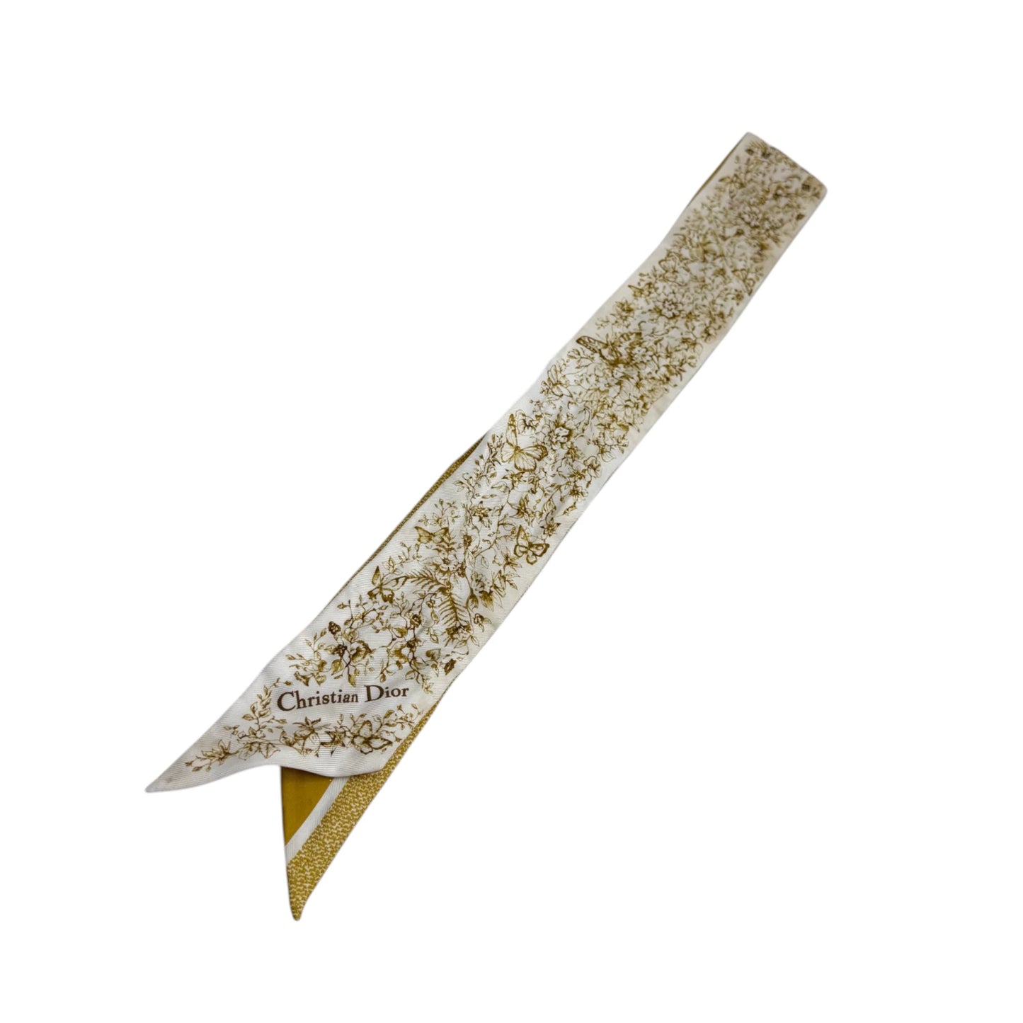 Christian Dior Butterfly Gold White Twilly Silk Scarf