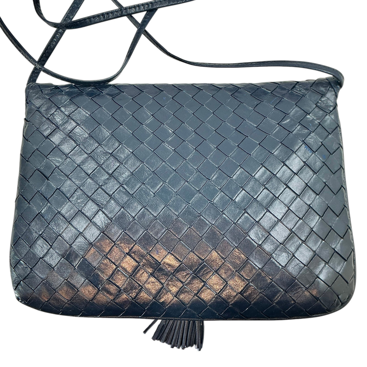 Bottega Veneta Intrecciato Black Woven Leather Tassel Crossbody Bag