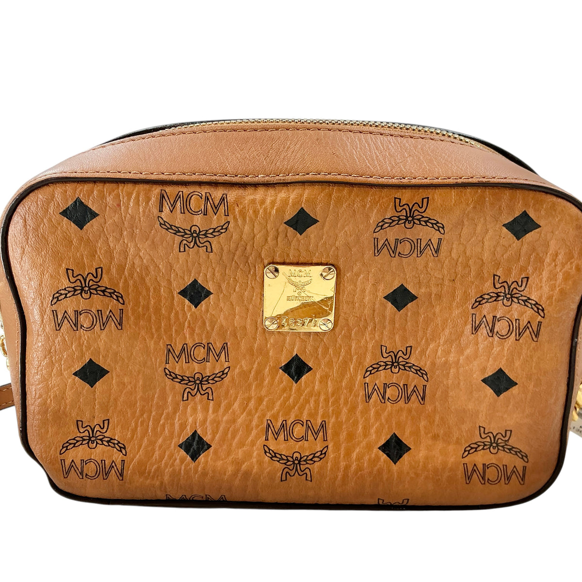 MCM Cognac Visetos Camera Crossbody Bag with Gold Hardware