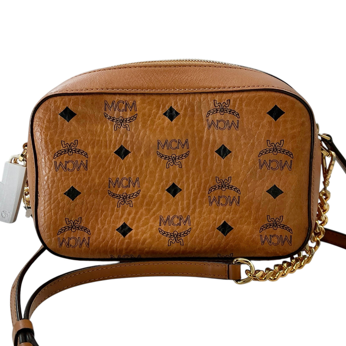 MCM Cognac Visetos Camera Crossbody Bag with Gold Hardware