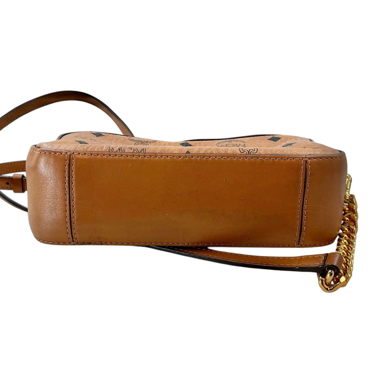 MCM Cognac Visetos Camera Crossbody Bag with Gold Hardware
