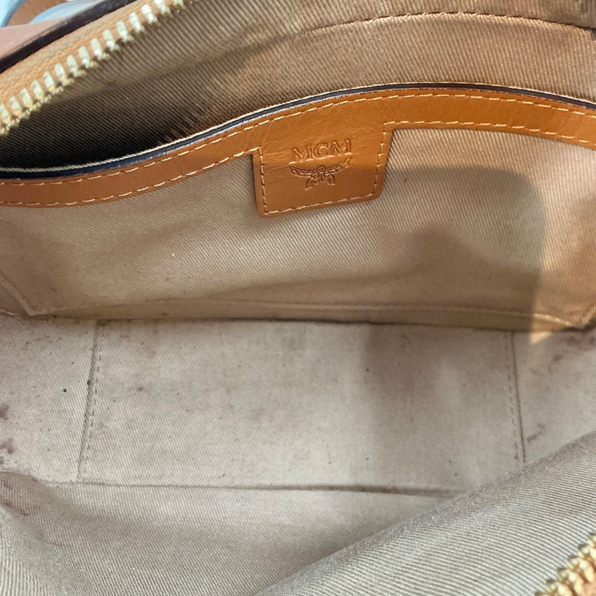 MCM Cognac Visetos Camera Crossbody Bag with Gold Hardware