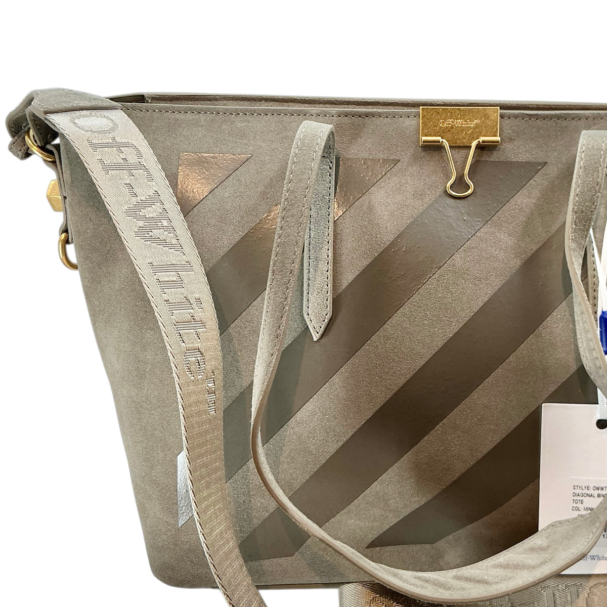 Off-White Diagonal Stripe Binder Shopper Tote Bag – Grey Suede