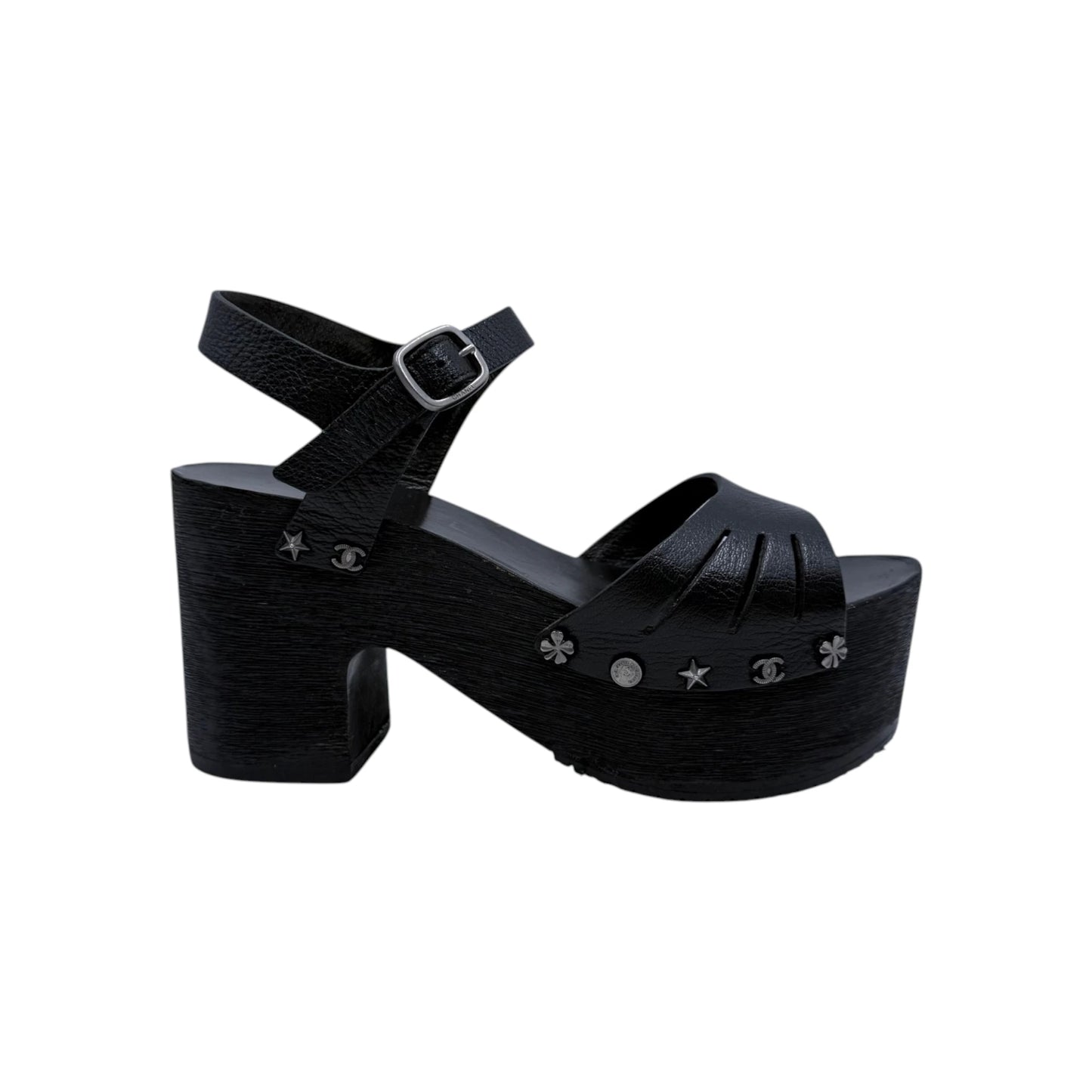 Chanel Clog Black Wood Platform Sandals
