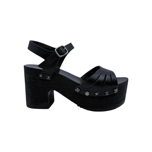 Chanel Clog Black Wood Platform Sandals