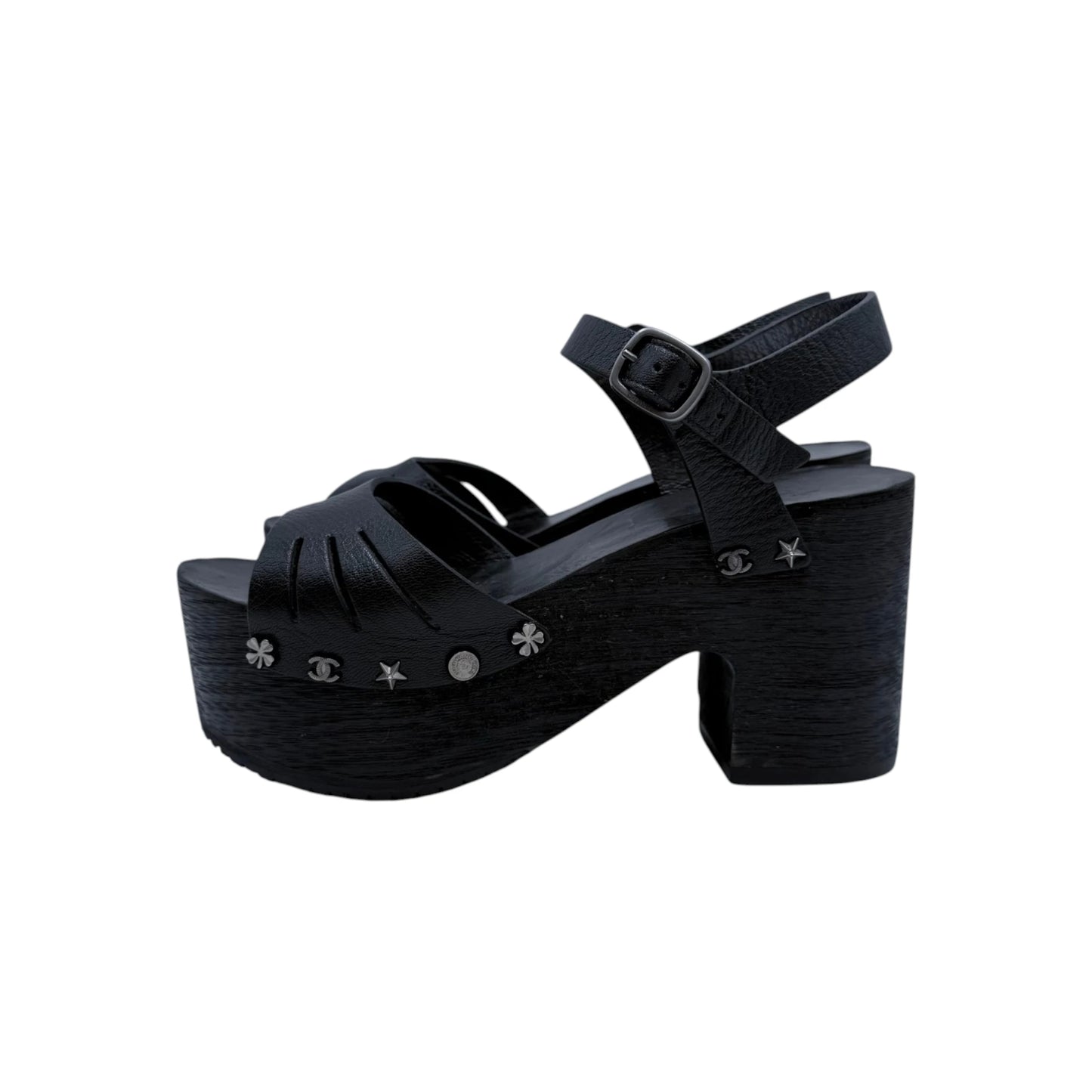 Chanel Clog Black Wood Platform Sandals