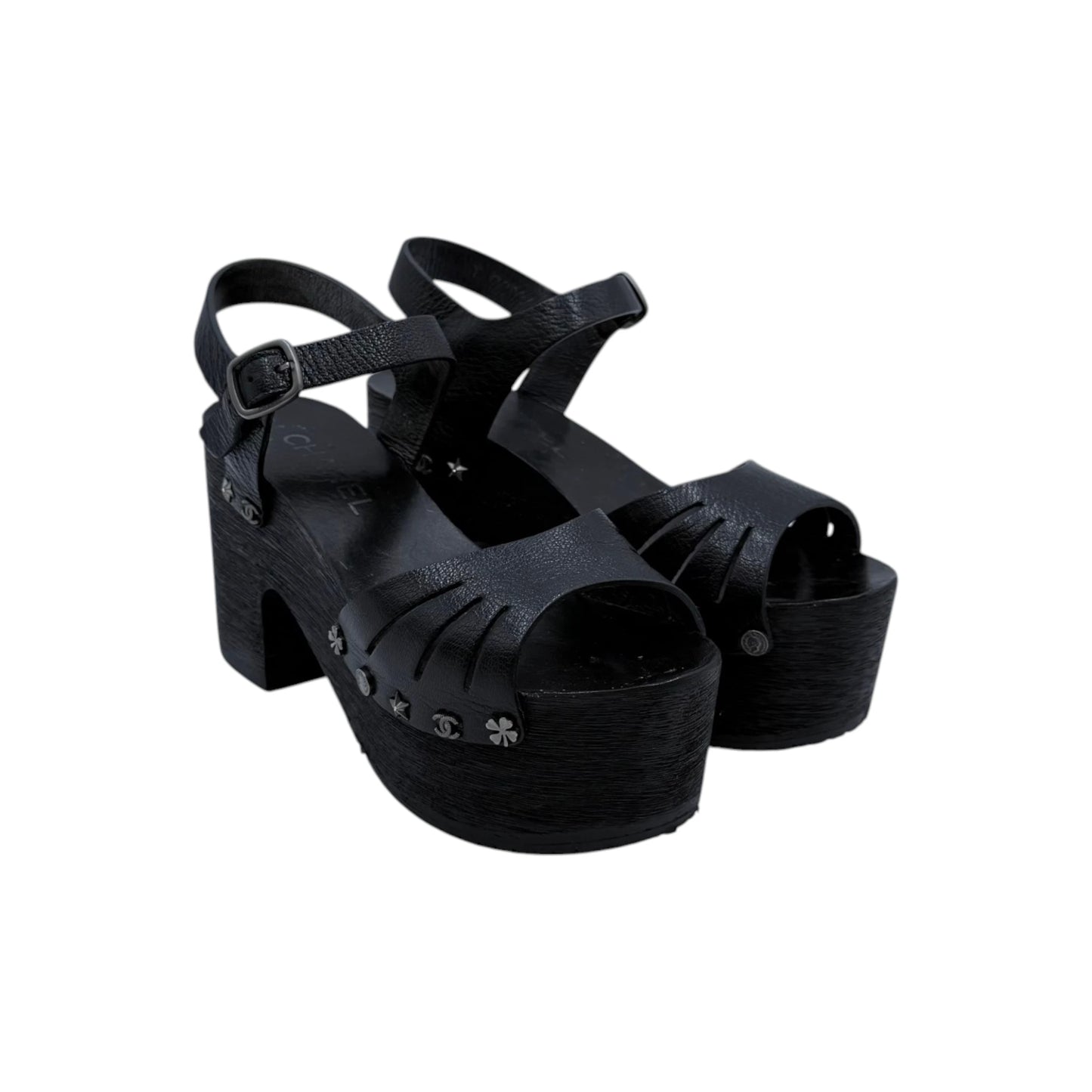 Chanel Clog Black Wood Platform Sandals