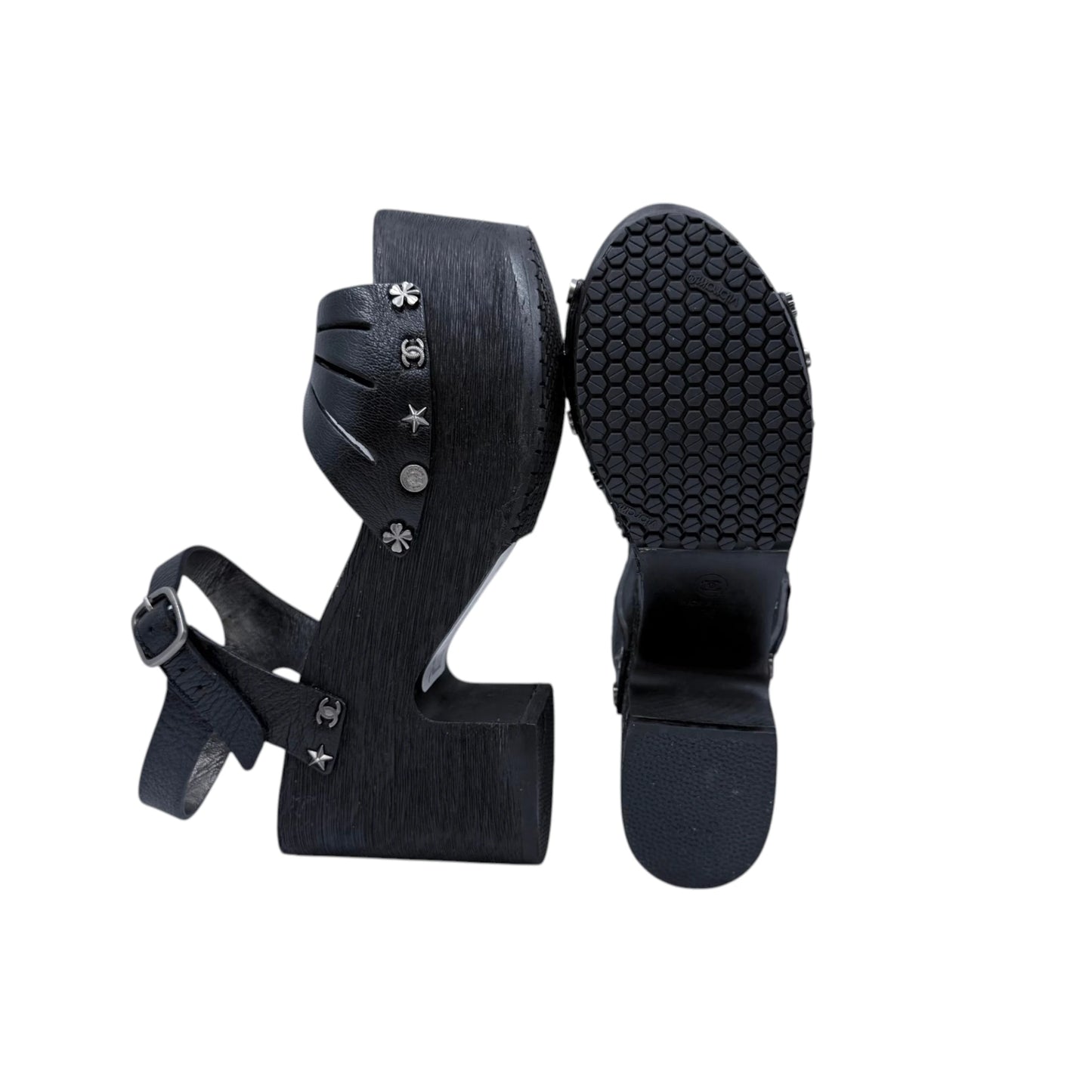 Chanel Clog Black Wood Platform Sandals