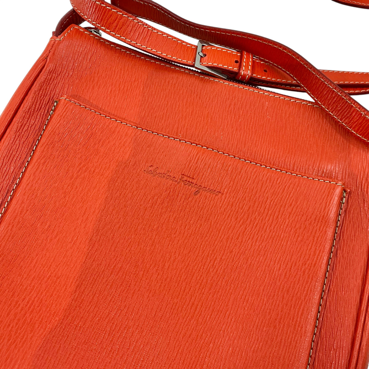 Salvatore Ferragamo Orange Textured Leather Crossbody Messenger Bag