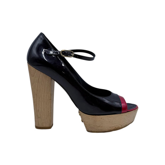 Chanel Black Red Patent Wood Pump Heels