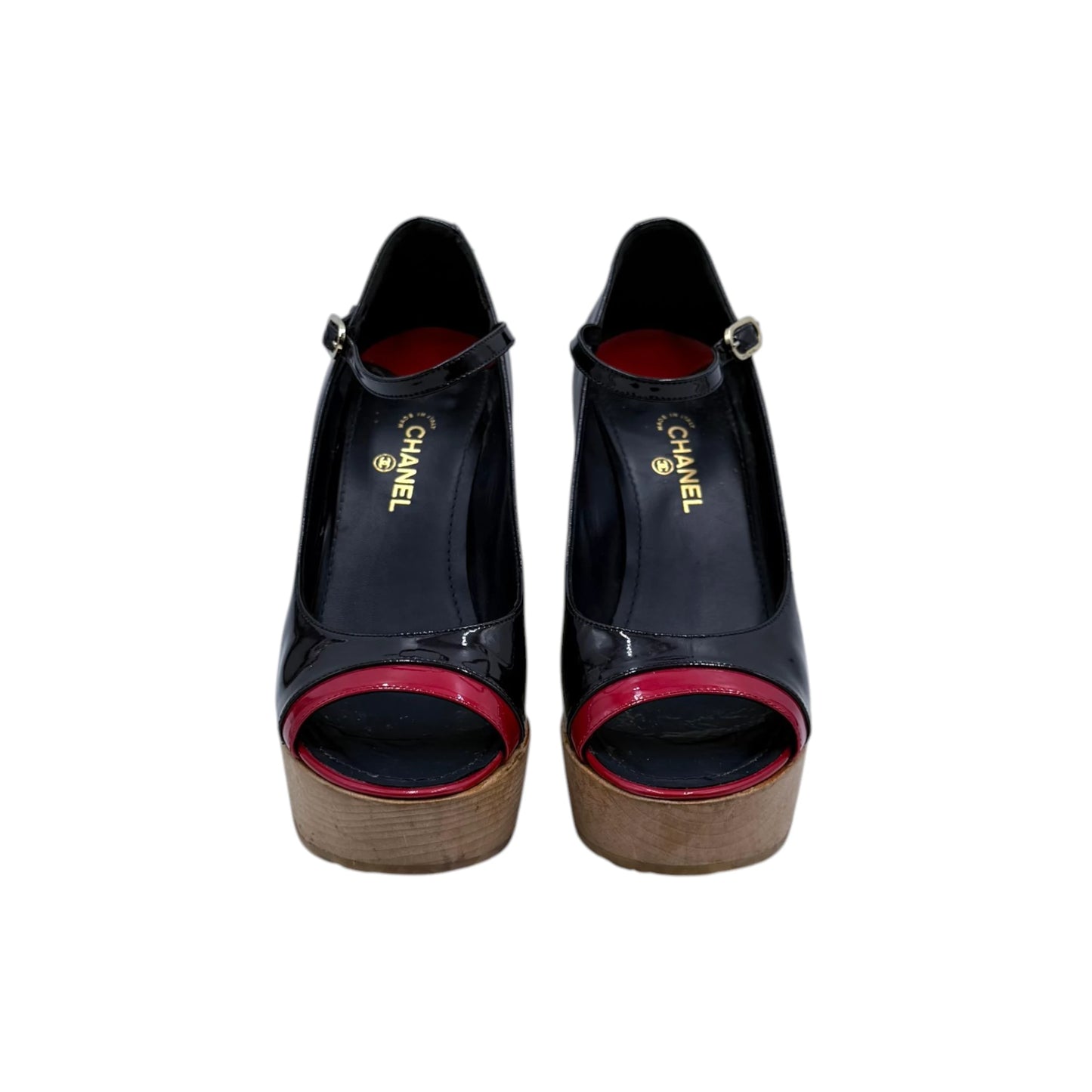 Chanel Black Red Patent Wood Pump Heels