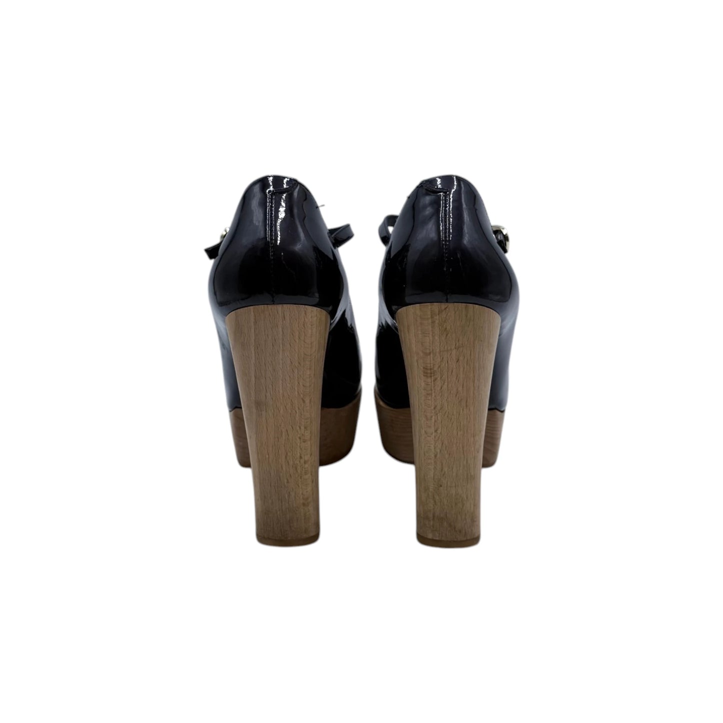 Chanel Black Red Patent Wood Pump Heels