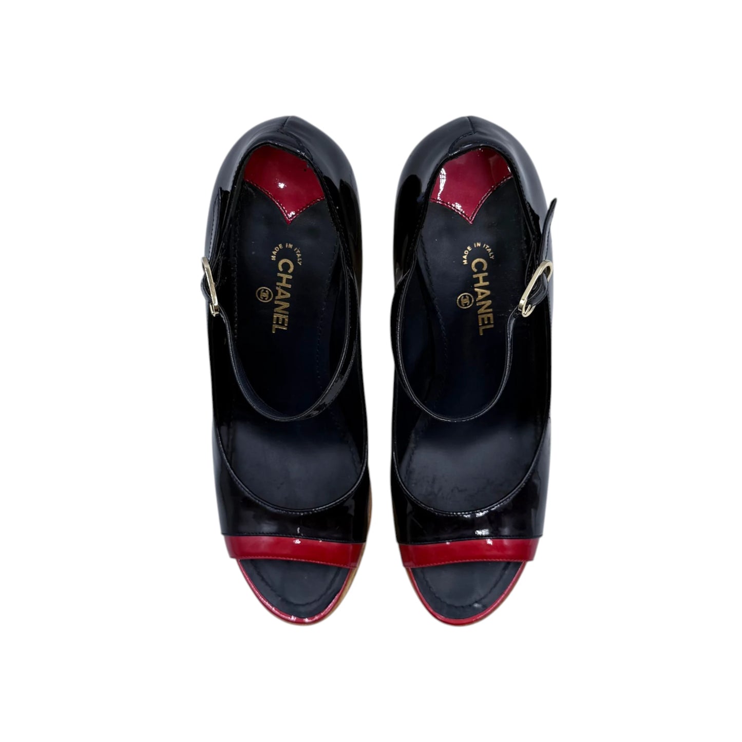Chanel Black Red Patent Wood Pump Heels