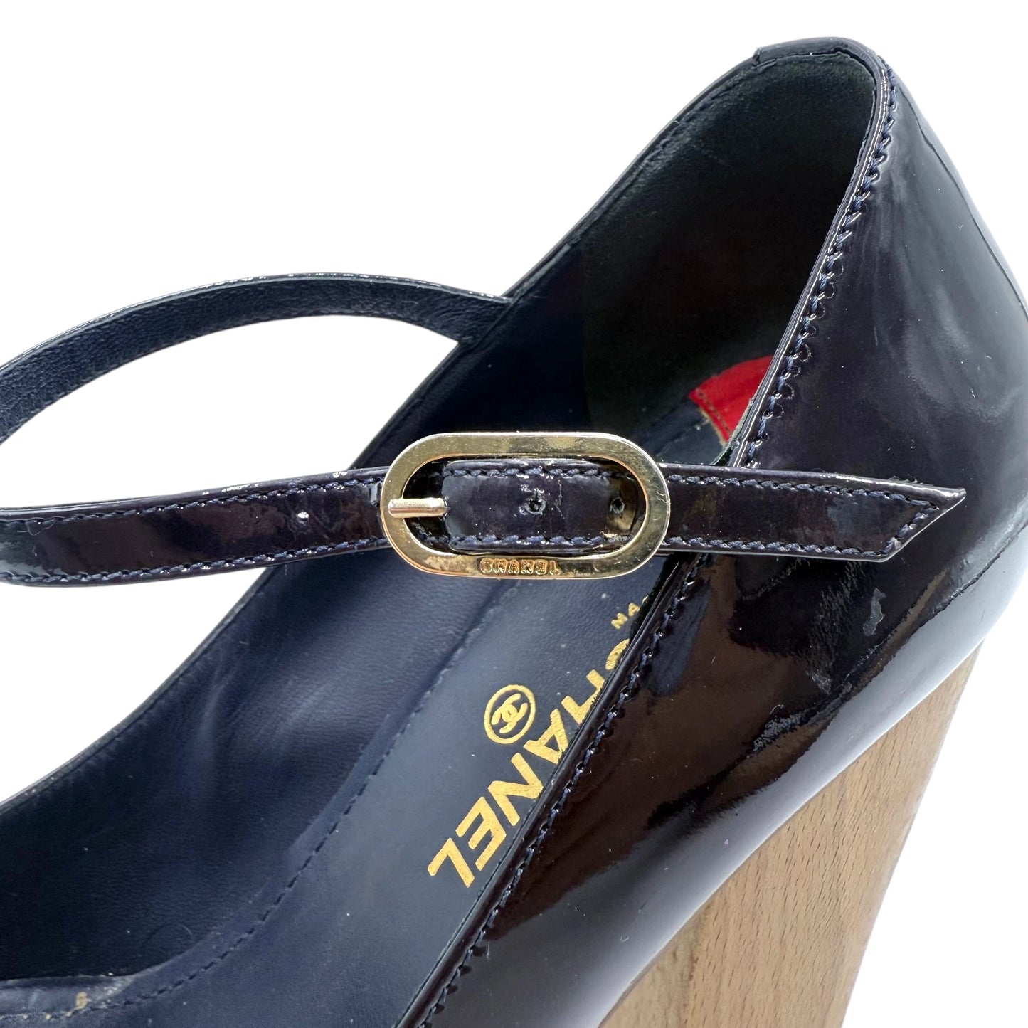 Chanel Black Red Patent Wood Pump Heels
