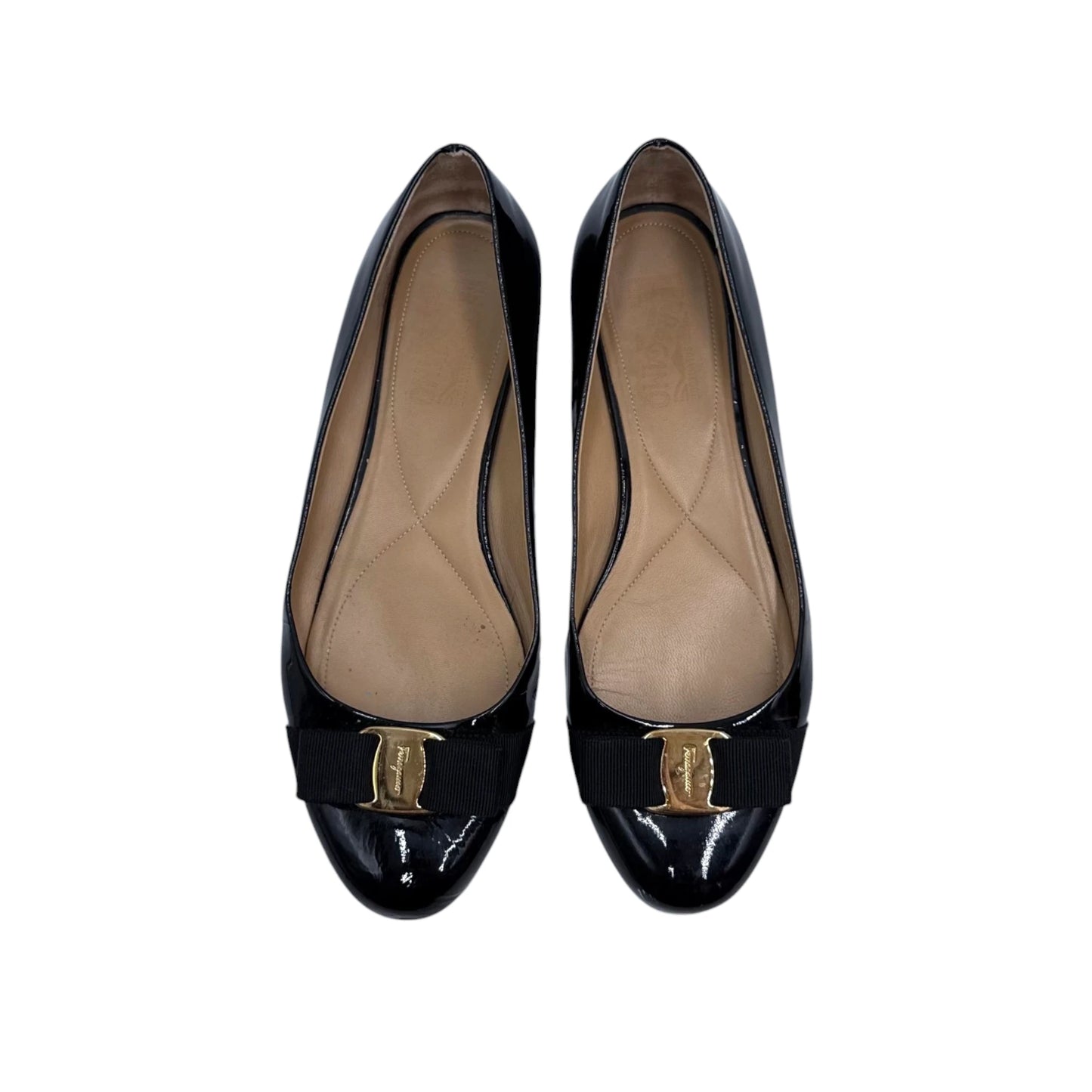 Salvatore Ferragamo Black Gold Bow Flats