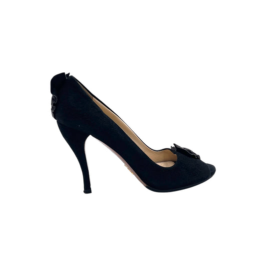 Prada Black Suede Peep Toe Heels