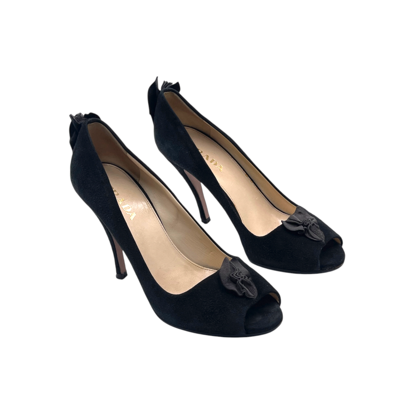 Prada Black Suede Peep Toe Heels