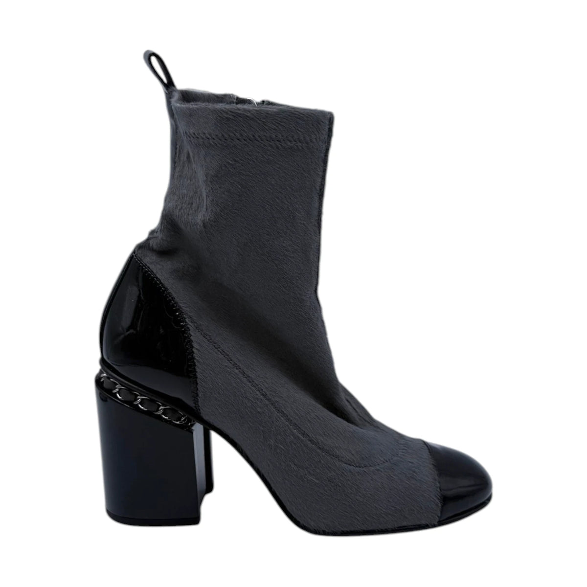Chanel Grey Ponyhair Patent Leather Ankle Boots