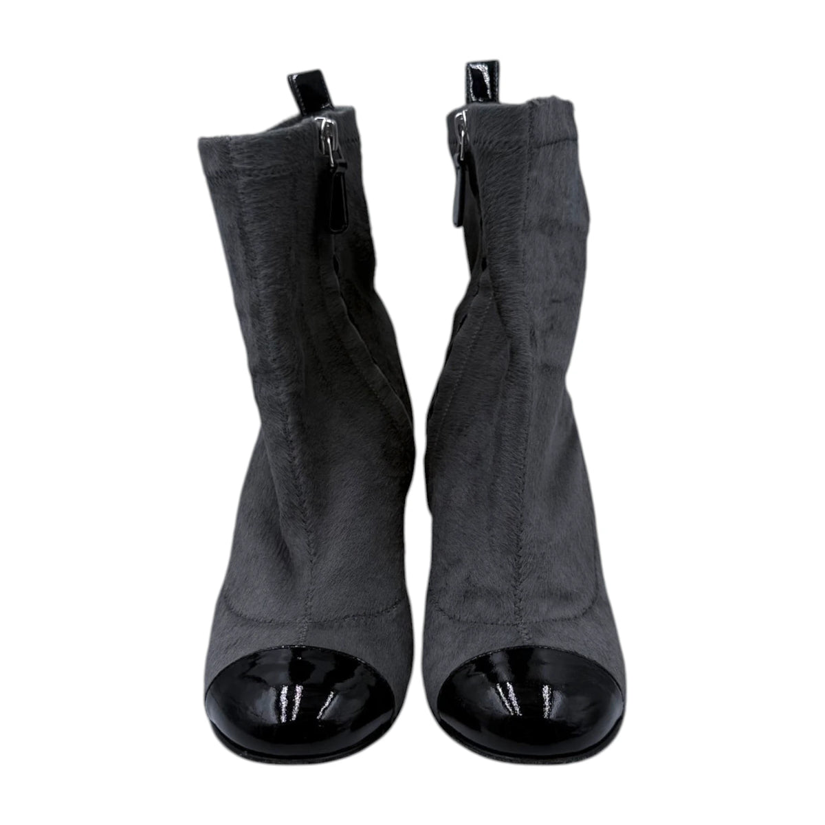 Chanel Grey Ponyhair Patent Leather Ankle Boots