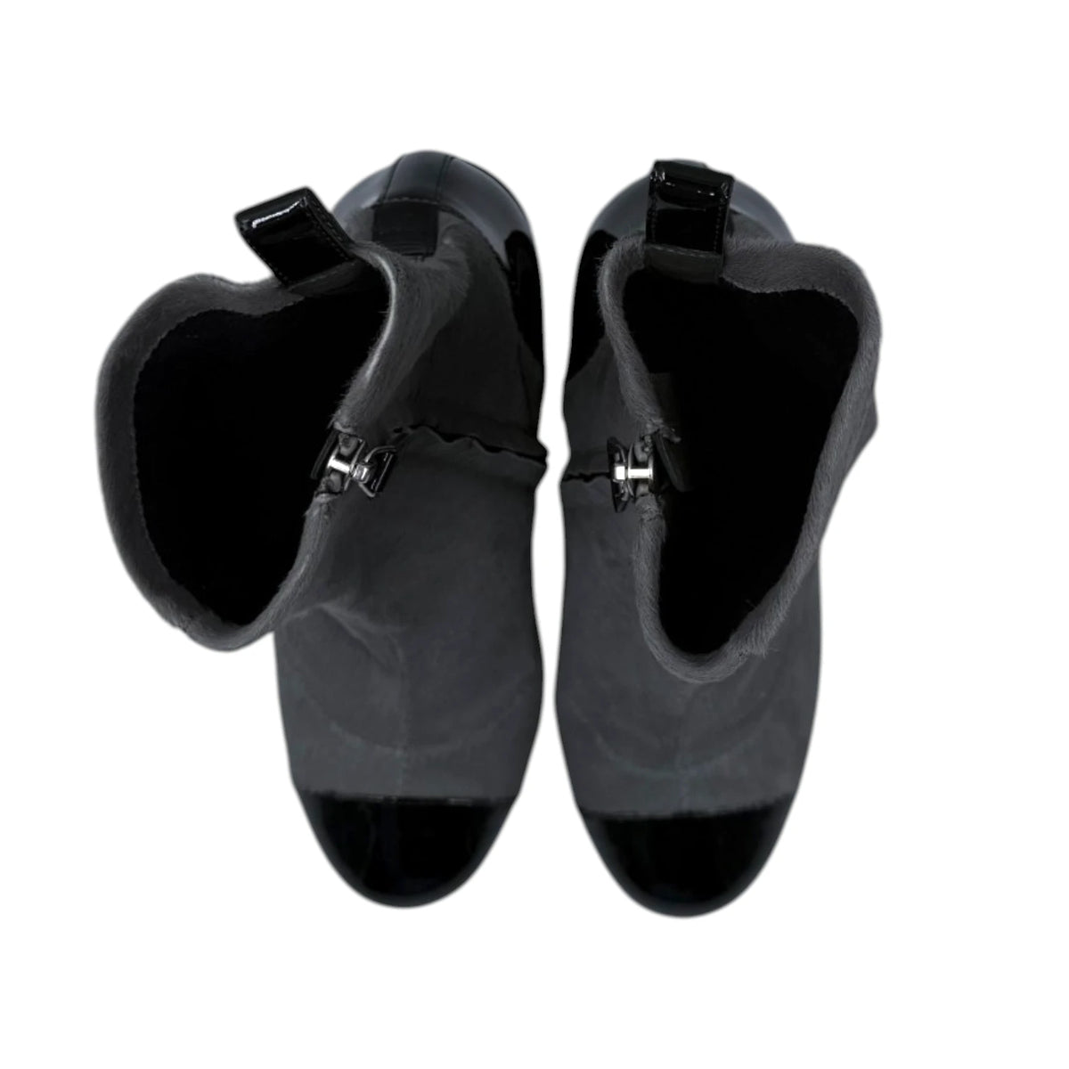 Chanel Grey Ponyhair Patent Leather Ankle Boots
