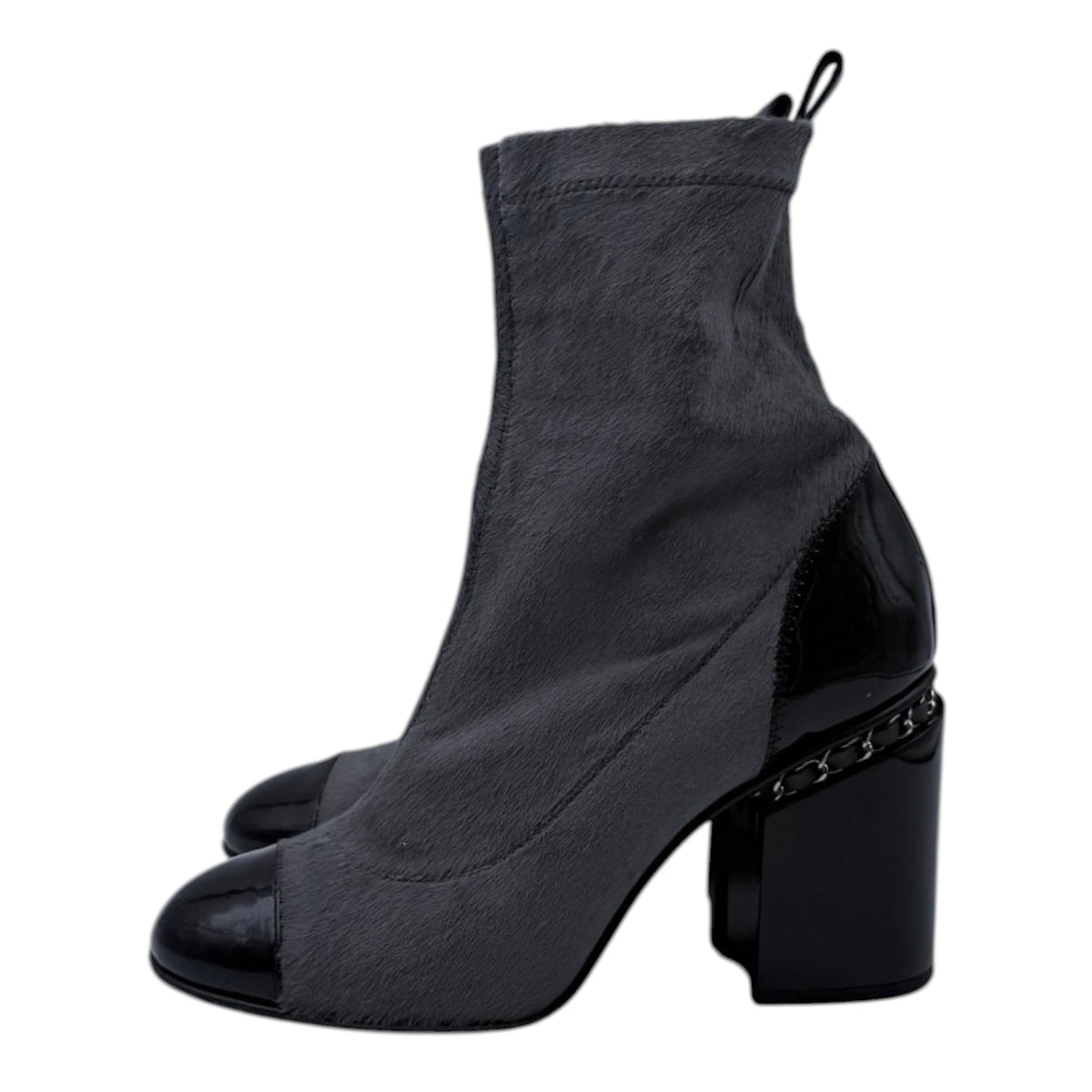 Chanel Grey Ponyhair Patent Leather Ankle Boots