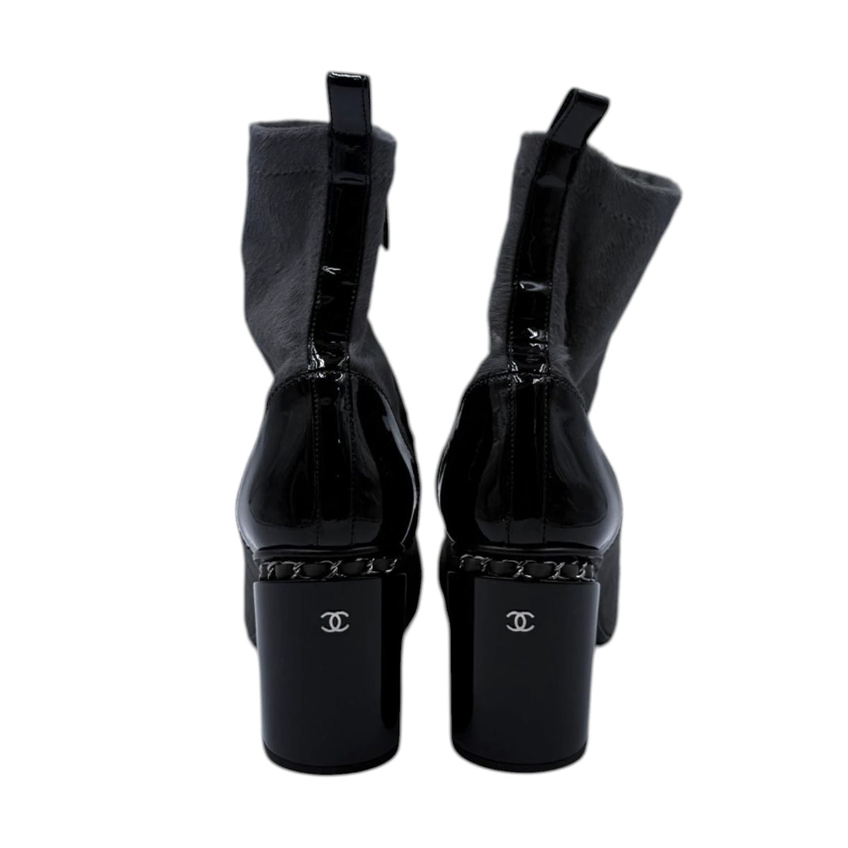 Chanel Grey Ponyhair Patent Leather Ankle Boots