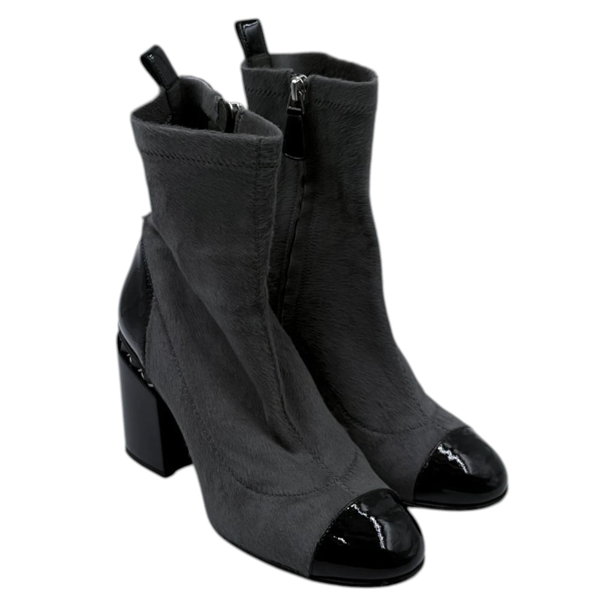 Chanel Grey Ponyhair Patent Leather Ankle Boots
