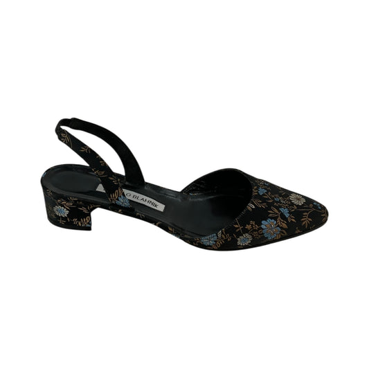 Manolo Blahnik Floral Slip-On Chunky Kitten Heels